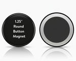 Black round button magnet with text on a white background