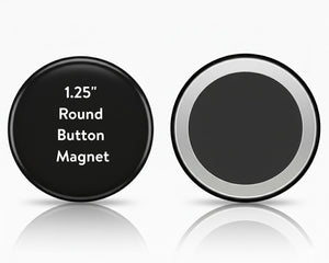 Black round button magnet with text on a white background