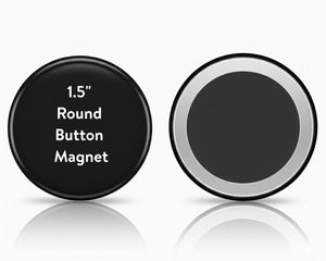 Black round button magnet with text on a white background