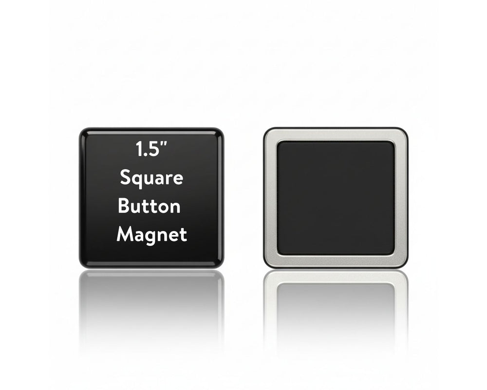 Black square button magnet with text on a white background