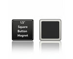 Black square button magnet with text on a white background