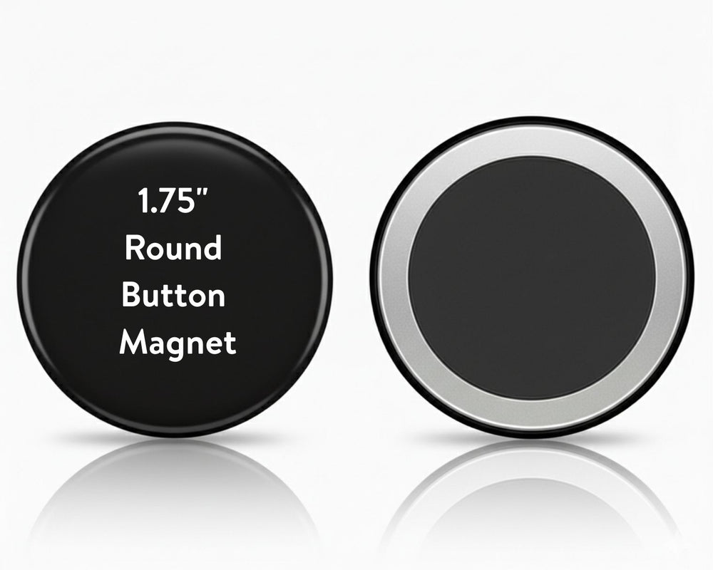 Black round button magnet with text on a white background