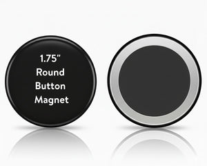 Black round button magnet with text on a white background