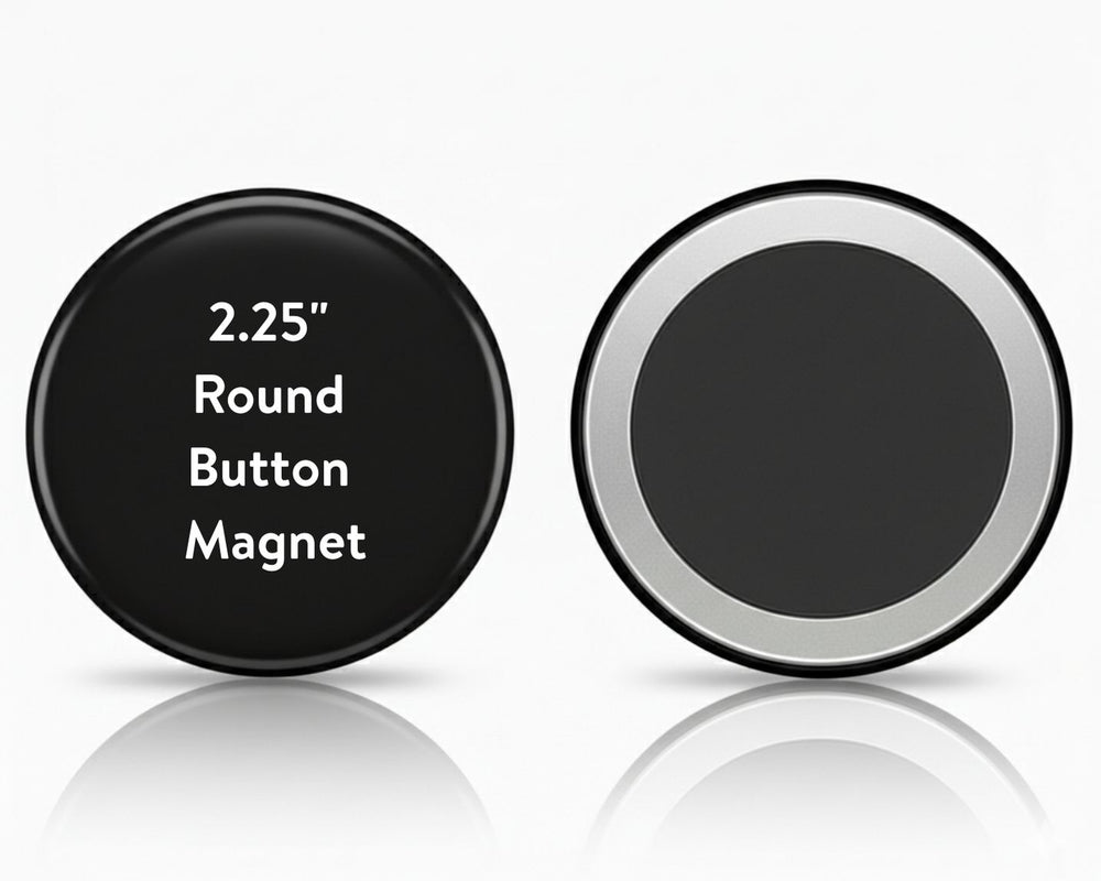 Black round button magnet with text on a white background