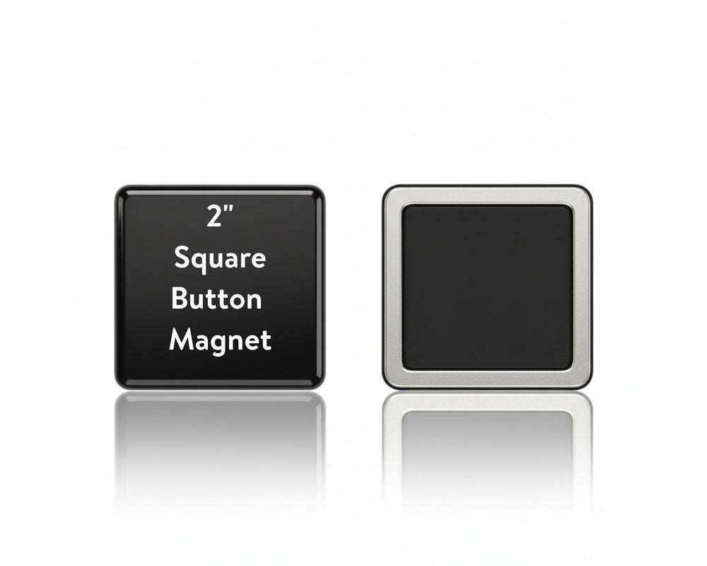 Black square button magnet with text on a white background