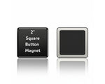 Black square button magnet with text on a white background