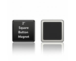 Black square button magnet with text on a white background
