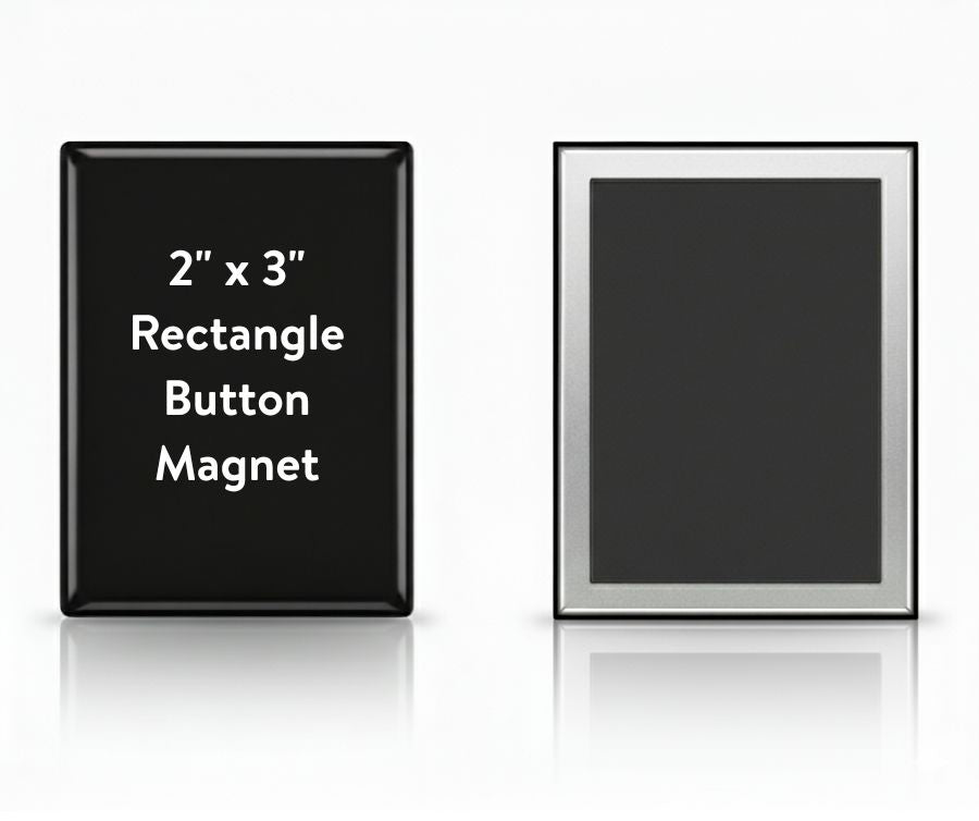Black rectangle button magnet with text on a white background