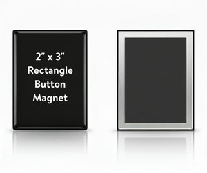 Black rectangle button magnet with text on a white background
