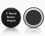 Black round button magnet with text on a white background