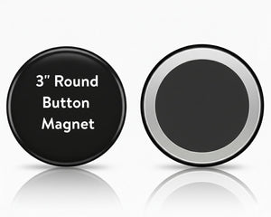 Black round button magnet with text on a white background